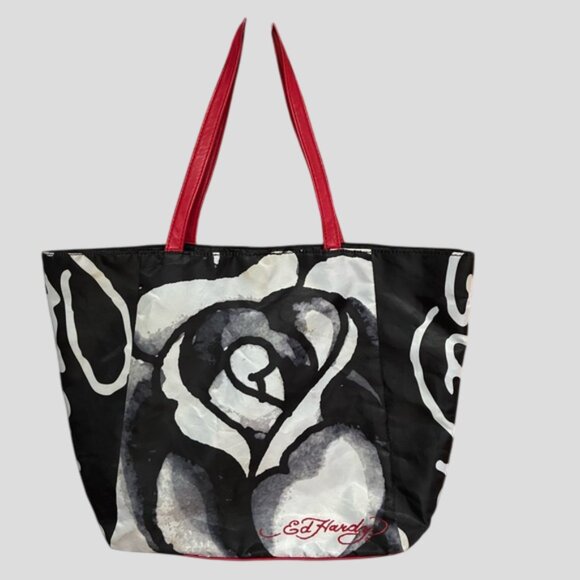 Ed Hardy White Rose City Bag Tote With Red Straps - Picture 1 of 13
